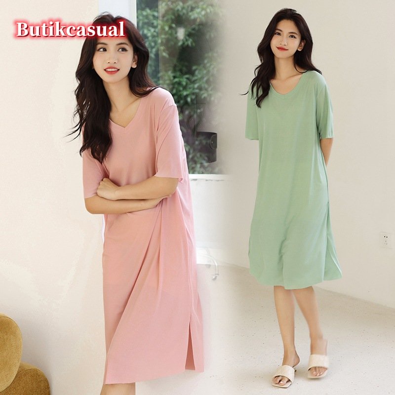 Đầm Ngủ Tay Ngắn Cổ Chữ V Màu Sắc Ngọt Ngào Thời Trang Mùa Hè Cho Nữ