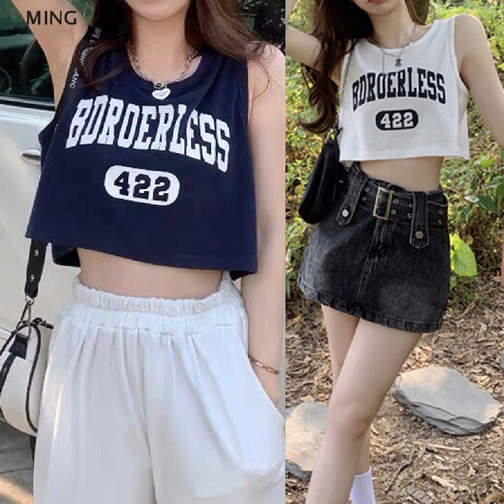 Áo Croptop Sát Nách Cổ Tròn Dáng Rộng In Chữ Thời Trang Mùa Hè Cho Nữ