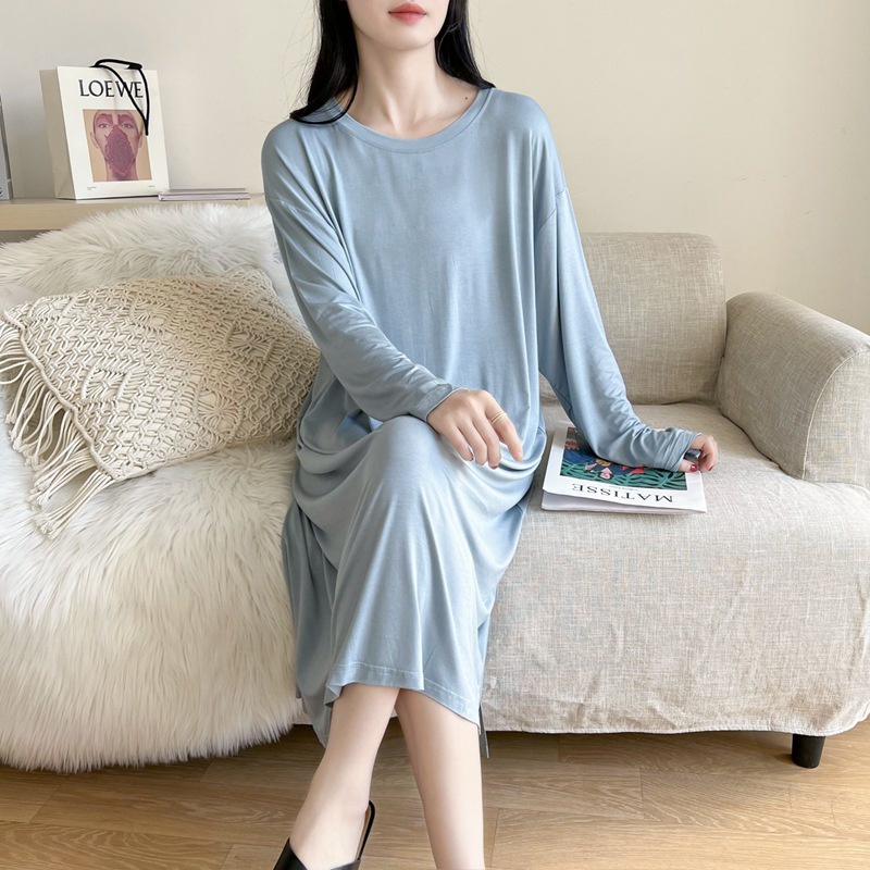 Đầm Cotton Modal Dáng Rộng Tay Dài Cổ Tròn Màu Trơn Thời Trang Mùa Hè Cho Nữ
