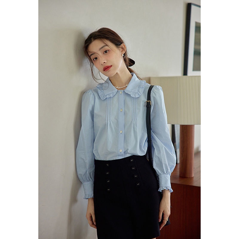 Pháp Retro Xù Cổ Búp Bê Áo Sơ Mi Xanh Nữ Mùa Xuân Dài Tay Thiết Kế Hàng Đầu Niche Áo Sơ Mi