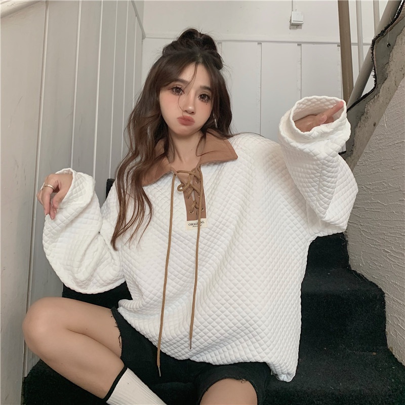IELGY   Áo sweater Tay Dài Dáng Rộng Màu Sắc Đối Lập Phong Cách Hàn Quốc Dễ Phối Đồ Cho Nữ