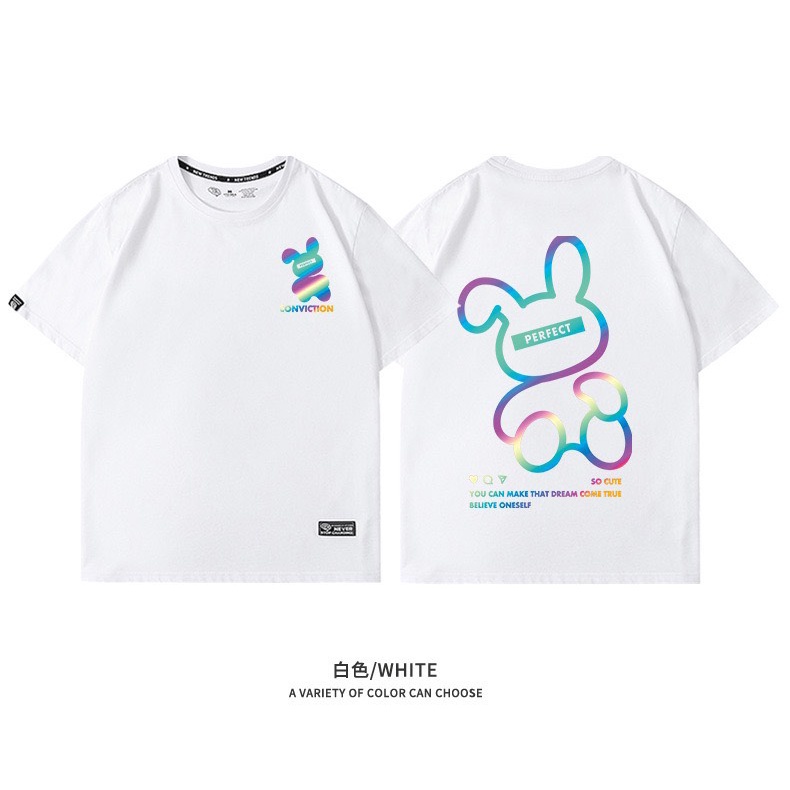 Áo đôi Thun hè Nam nữ phản quang 7 màu in Gấu và Thỏ (2 chiếc), Áo thun Unisex From rộng, chất đẹp mặc không xù - MODY