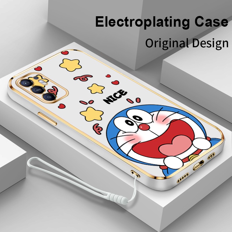 Ốp Điện Thoại Vuông Mạ Điện In Hình Doraemon Bảo Vệ Ống Kính Máy Ảnh Cho OPPO Reno6 Reno6 Pro Plus 5G 4G Reno6 Z