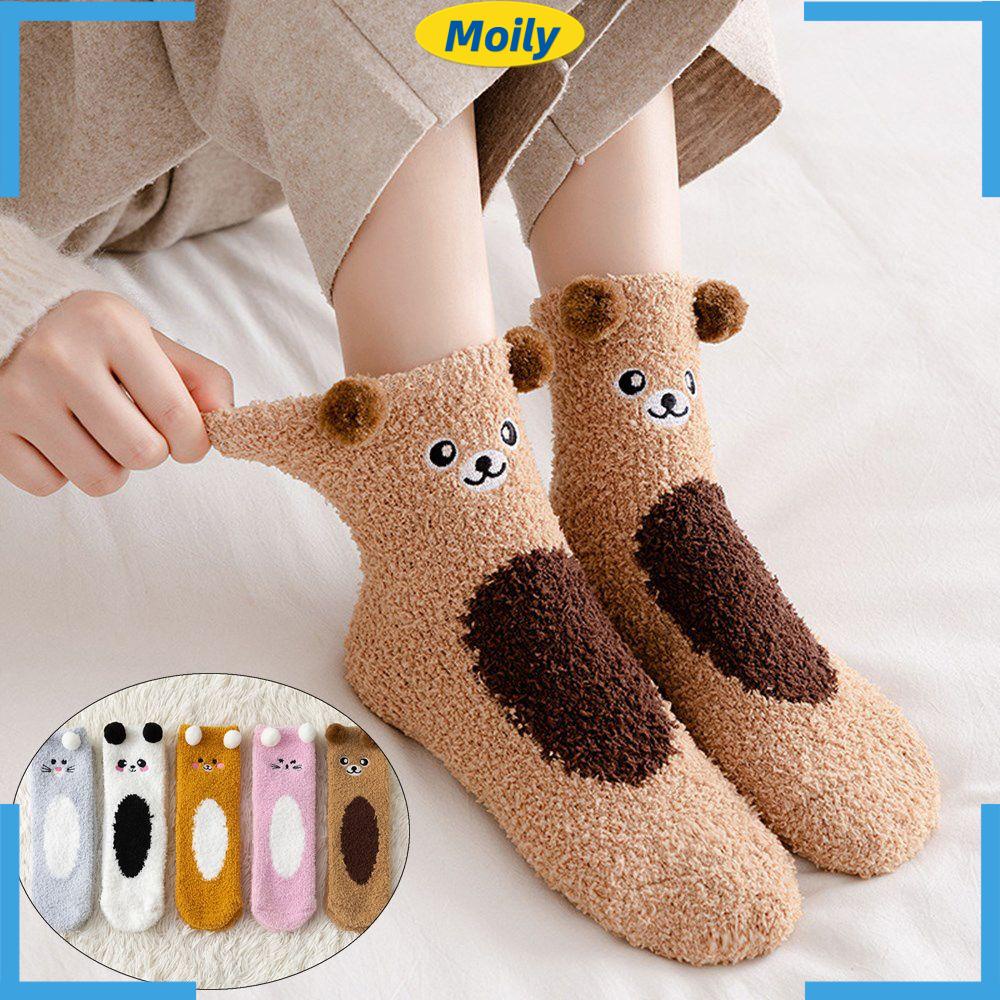 Vớ nhung san hô mềm mại giữ ấm chân mùa đông hình gấu dễ thương cho nữ