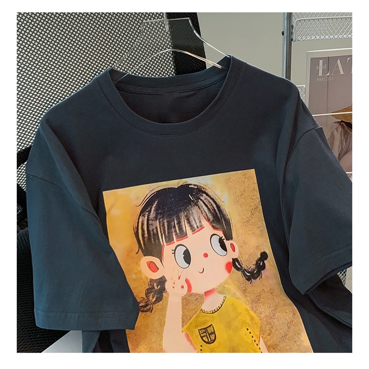 Áo thun FASHMILY 100% cotton tay ngắn dáng rộng cổ tròn họa tiết hoạt hình phong cách Hàn Quốc thời trang mùa hè cho nữ