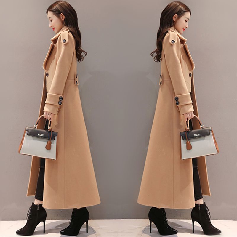 Áo Khoác Len Dáng Dài Qua Gối Ôm Eo Thời Trang Xuân Thu Phong Cách Hàn Quốc