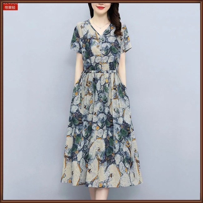 Đầm Tay Ngắn Cổ Chữ V In Họa Tiết Hoa Thanh Lịch Dành Cho Nữ