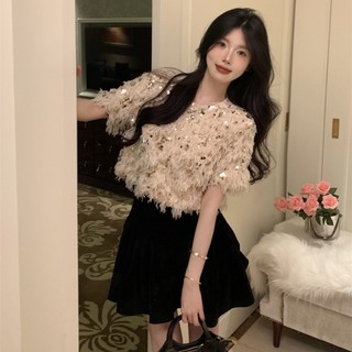 Áo Thun Tay Ngắn Cổ Tròn Dáng Rộng Đính Kim Sa Lấp Lánh Thời Trang Mùa Hè Cho Nữ