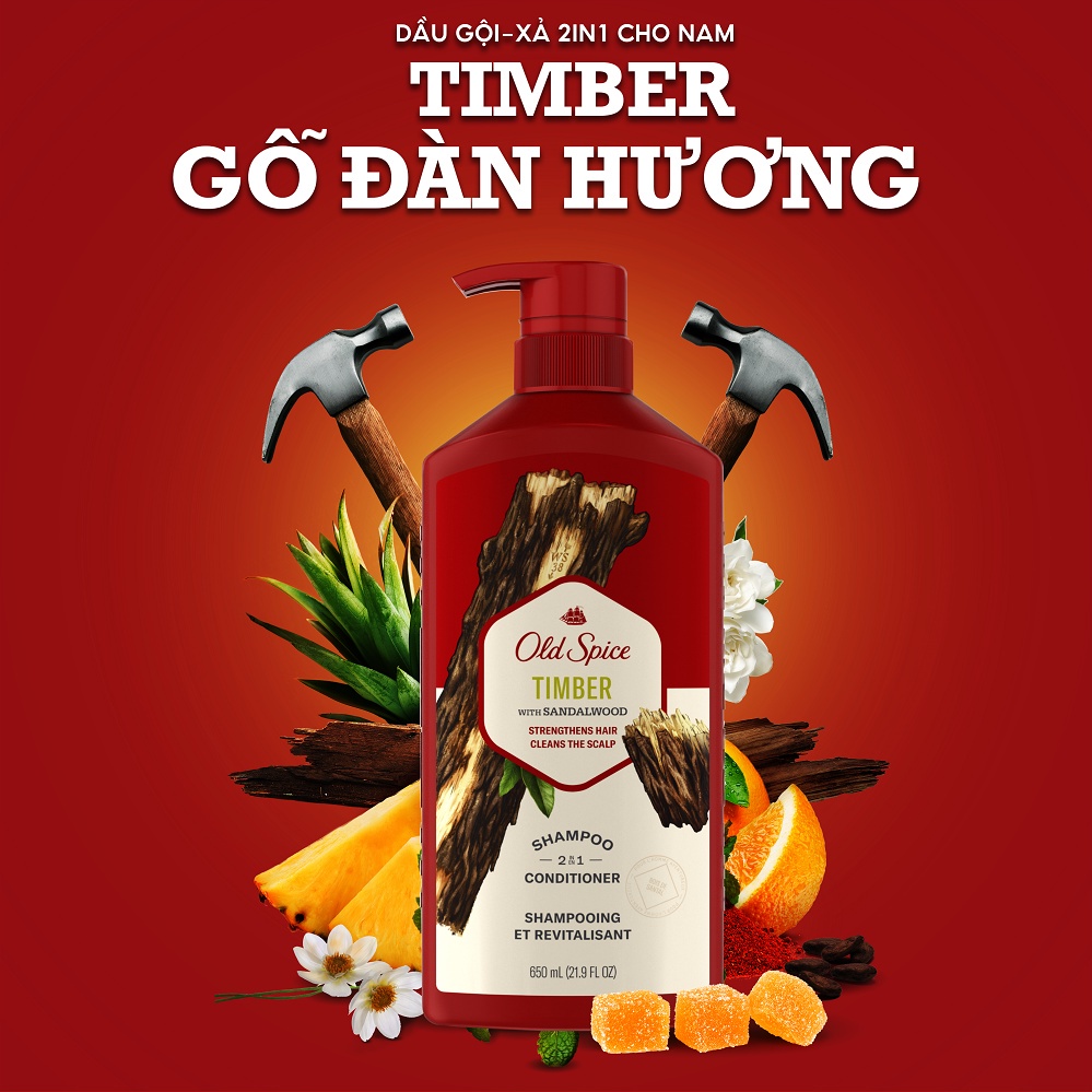 Combo 2 Dầu Gội OLD SPICE 2in1 Hương Nước Hoa Cho Nam Chai 650ML/chai - Gỗ Đàn Hương &amp; Hoang Dã Mạnh Mẽ