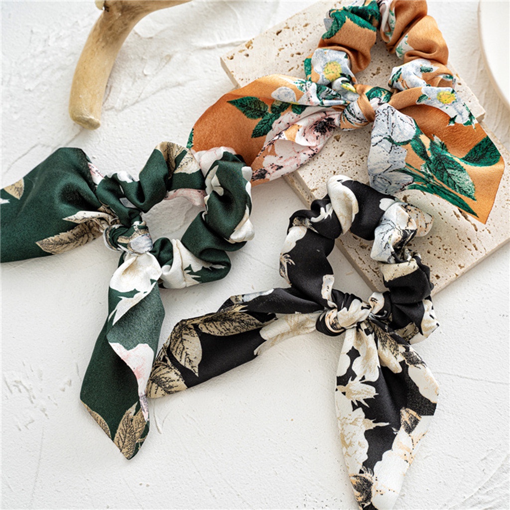 Set 4 Dây Cột Tóc Vải Satin Mềm Mịn In Họa Tiết Hoa Xinh Xắn Dùng Hàng Ngày