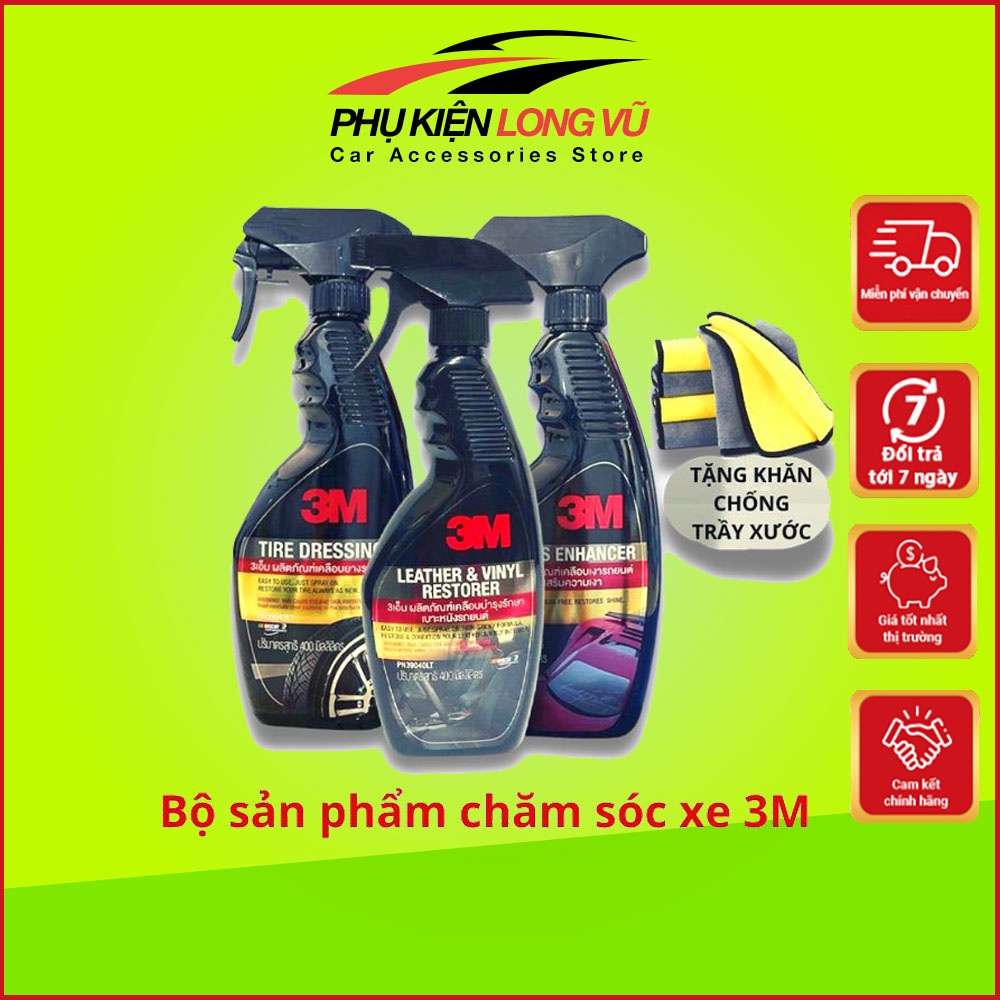 Bộ sản phẩm chăm sóc xe 3M, vệ sinh ghế da, bảo dưỡng nội thất, làm bóng lốp vỏ xe, ô tô, nhập Thái La