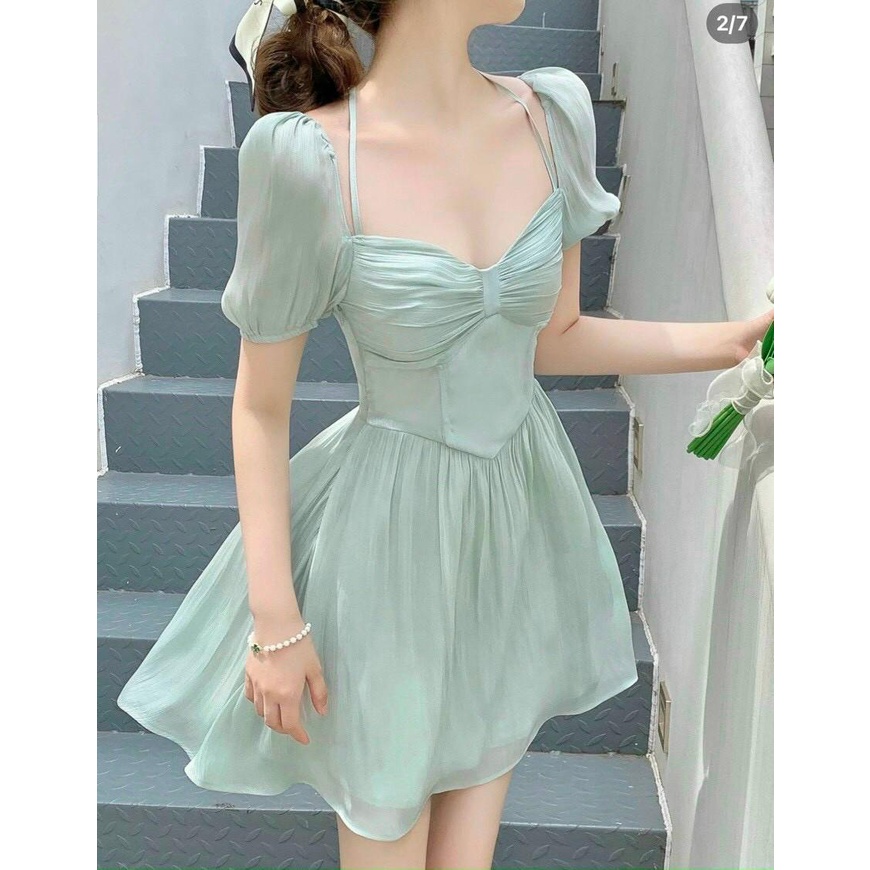 Đầm Xòe Cổ U Xếp Ly Ngực Dây Yếm Phối Voan Mizi Ánh Kim BY8396