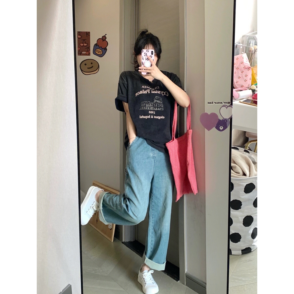 NRVP Áo Thun 100% Cotton Tay Ngắn Dáng Suông In Họa Tiết Hoạt Hình Phong Cách Hàn Quốc Cho Nữ