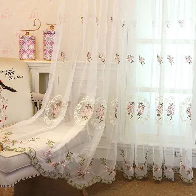 Ready Stock Translucent Semi Sheer Curtain Pink Embroidered Floral Patterns Voile for Living Room