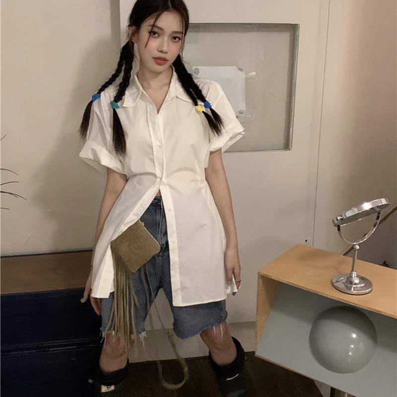 IELGY Áo Sơ Mi Tay Ngắn Dáng Ôm Màu Xanh Dương Dễ Phối Đồ Thời Trang Cho Nữ