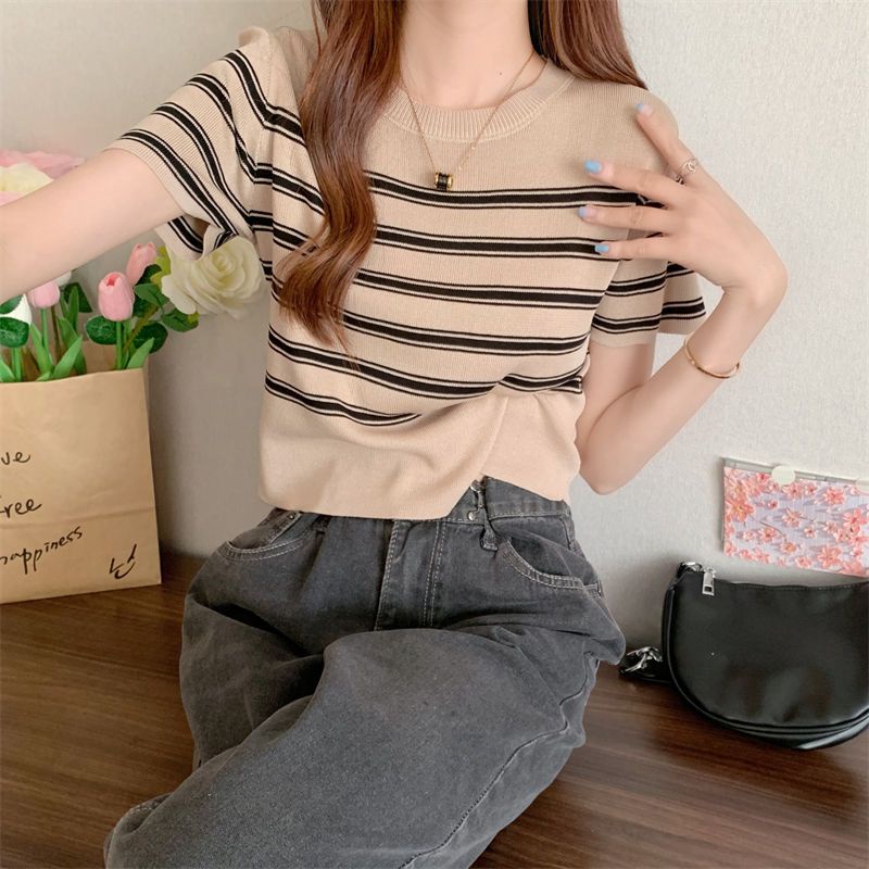 áo kiểu croptop len dệt kim mỏng tay ngắn dáng ôm hở vai họa tiết kẻ sọc kiểu pháp thời trang mùa hè cho nữ