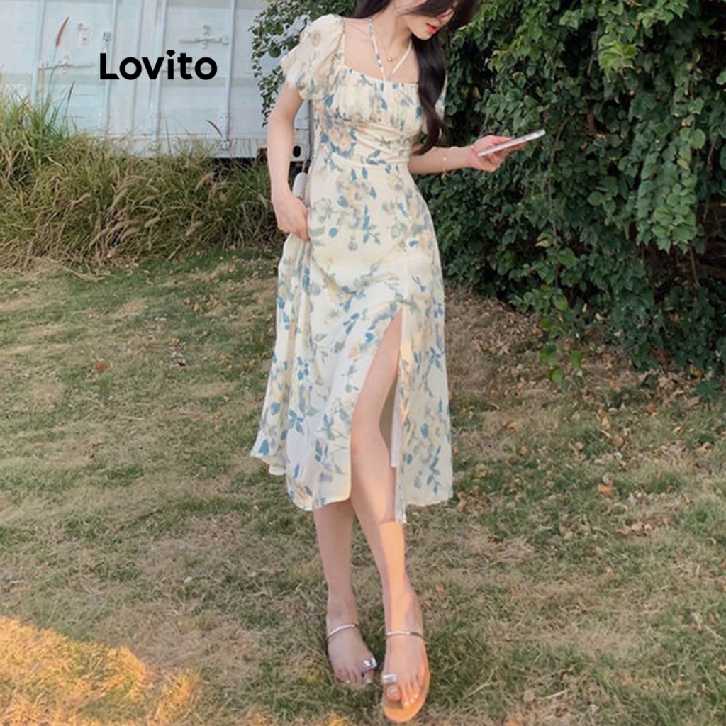 Đầm midi Lovito dáng chữ A tay phồng xẻ tà trước cổ vuông họa tiết hoa cơ bản cho nữ LNE02193 (màu trắng)