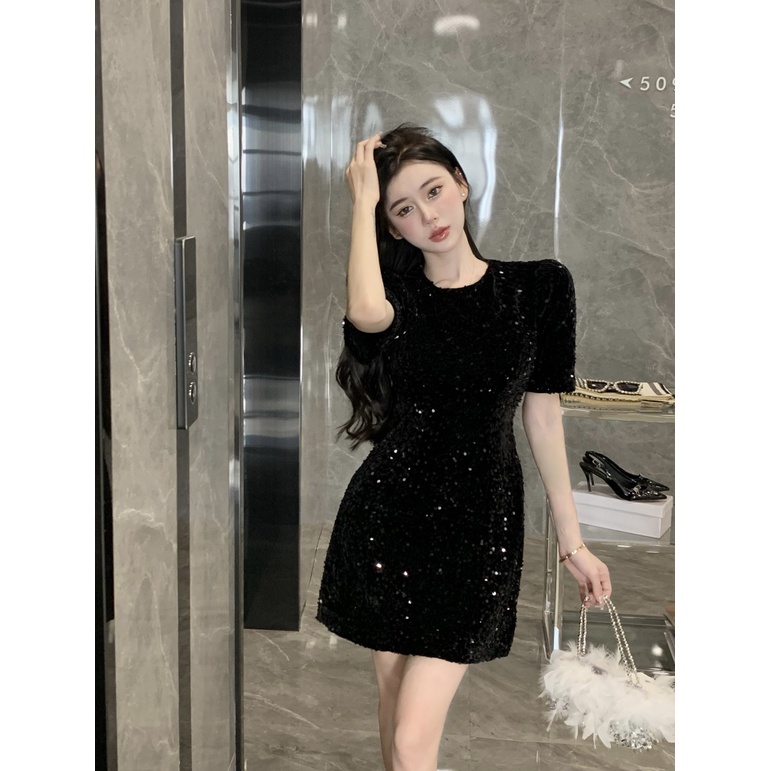 Đầm Ngắn Tay Lưng Cao Đính Kim Sa Lấp Lánh Thời Trang Pháp