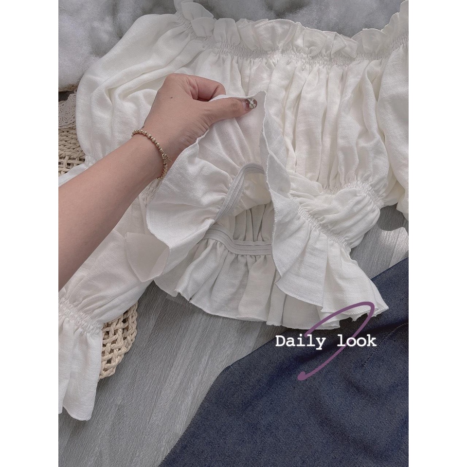 Set áo trắng bẹt vai tay dài+chân váy midi xanh💖 KÈM ẢNH THẬT