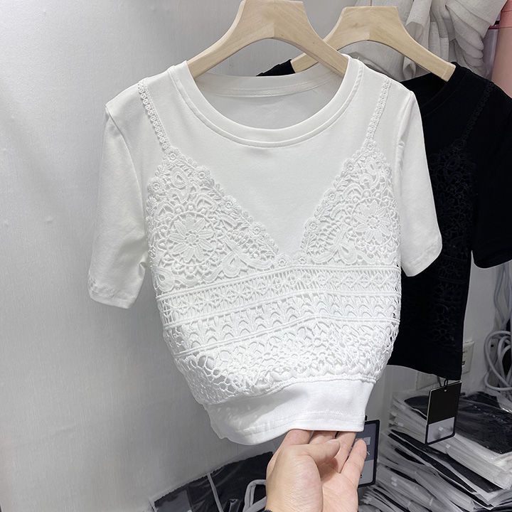 Áo Thun Nữ Ngắn Tay Cổ Tròn Phối Ren Phong Cách Mới