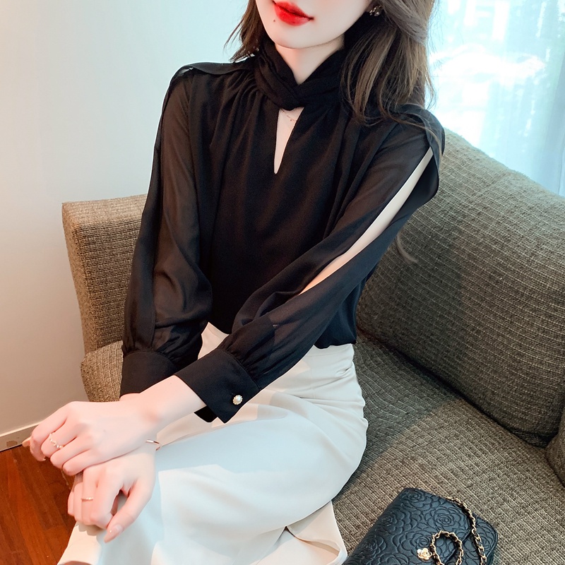 Áo Sơ Mi Chiffon Tay Dài Cổ Yếm Màu Đen Phong Cách Thời Trang Mùa Xuân Cho Nữ