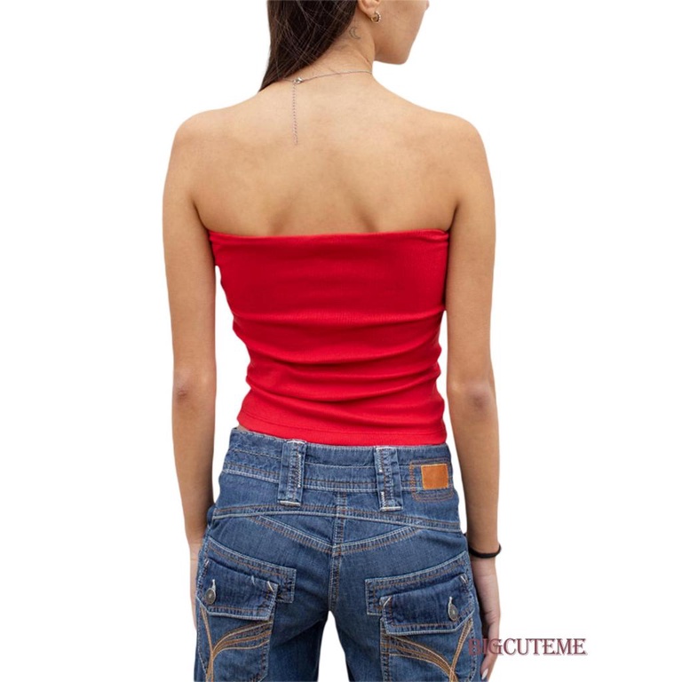 [] - Áo Ống Không Tay Hở Vai In Hình Ngôi Sao Màu Đỏ Phong Cách Đường Phố Dự Tiệc Thường Ngày Cho Nữ