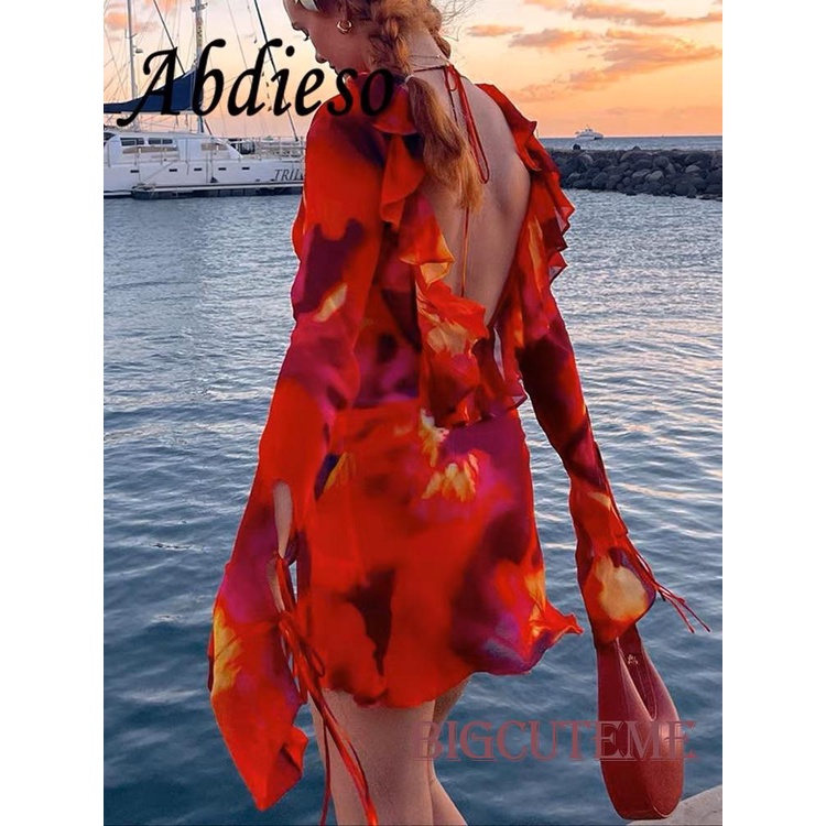 Đầm Mini Tay Dài Cổ Chữ V Họa Tiết Màu Nhuộm Phối Bèo Thời Trang Cho Nữ