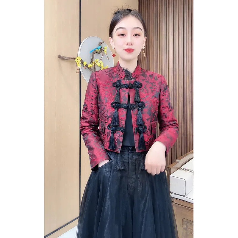 Set Áo Khoác Và Chân Váy Thiết Kế Tua Rua Phong Cách Retro Cho Nữ