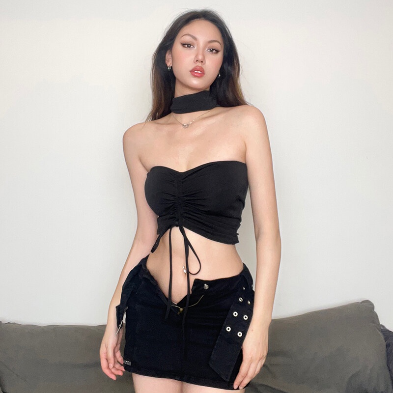 Kliou 2023 Mới Áo Croptop Sát Nách Cổ Yếm Dáng Ôm Phong Cách Thời Trang Đường Phố Gợi Cảm Hàng Mới 2023