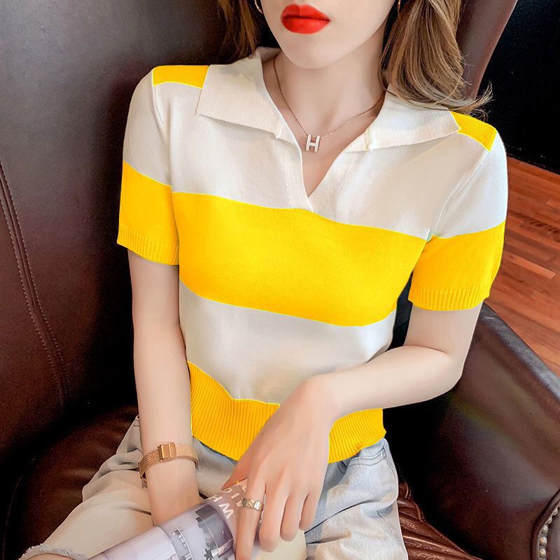 Áo Thun POLO Tay Ngắn Họa Tiết Kẻ Sọc Màu Sắc Thời Trang Mùa Hè Phong Cách Hàn Quốc Cho Nữ