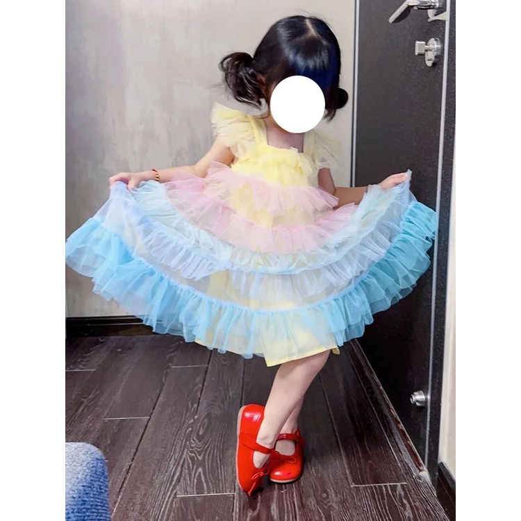 Đầm Xòe Xếp Tầng Vải Tuyn Màu Cầu Vồng Dễ Thương Thời Trang Mùa Hè Cho Bé Gái