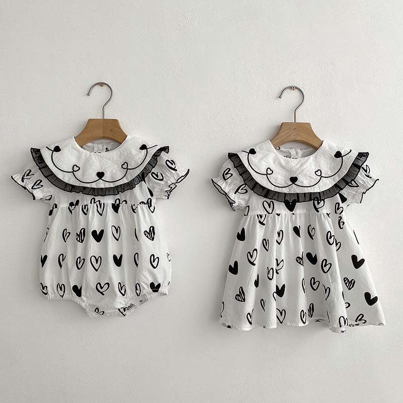 Đầm Công Chúa Cổ Búp Bê Họa Tiết Trái Tim Trắng Đen Dễ Thương Thời Trang Mùa Hè Cho Bé Gái