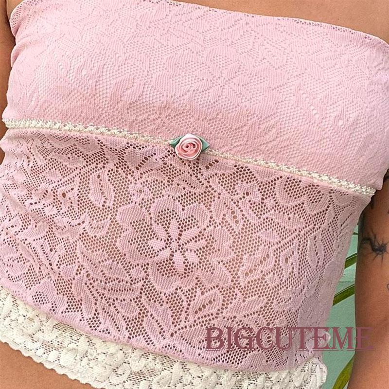 Áo Croptop Ren Hoa Mùa Hè Dạng Ống Không Tay Hở Vai Màu Hồng Cho Nữ