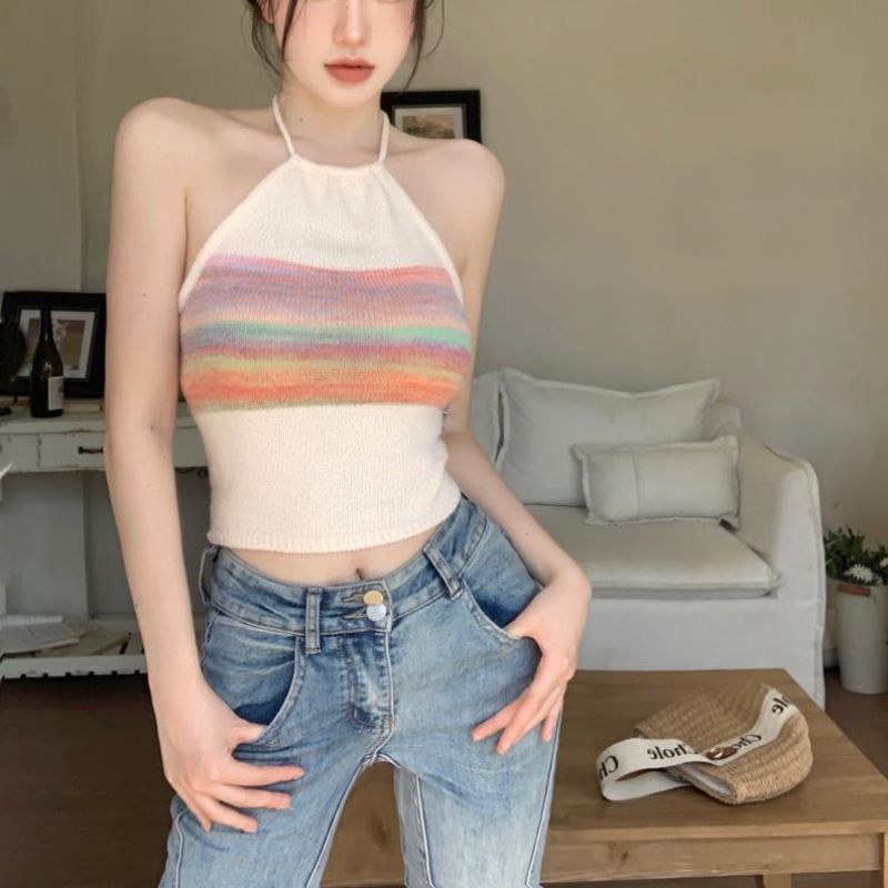 Áo Tank Top Hai Dây Dệt Kim Dáng Ngắn Màu Cầu Vồng Phong Cách Thời Trang Mới 2023 Dành Cho Nữ