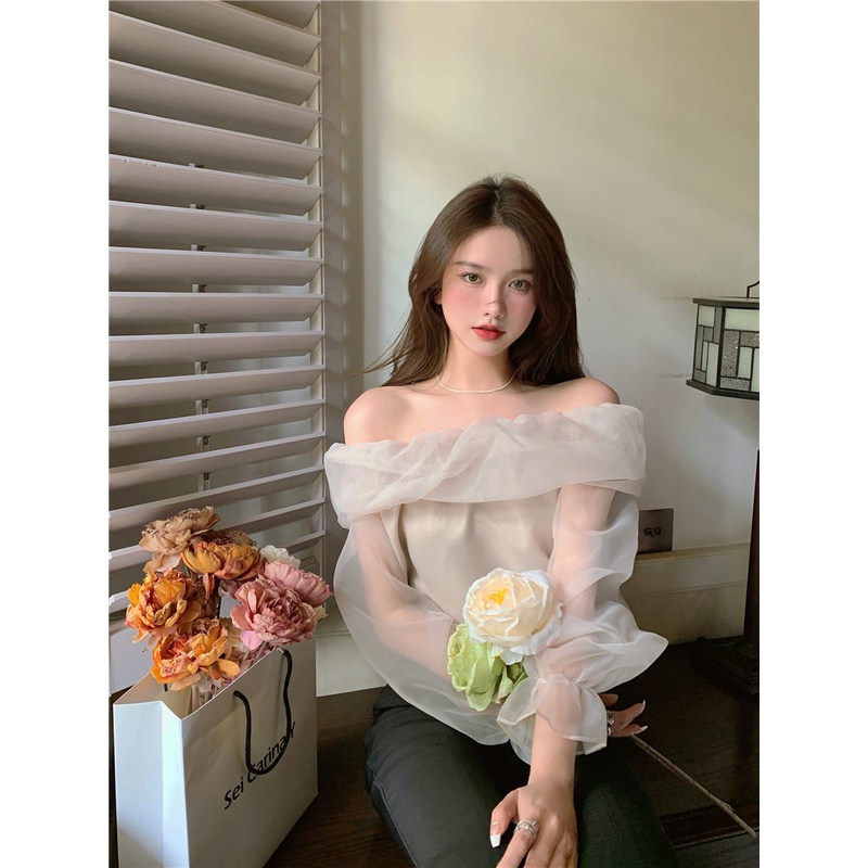 Áo Sơ Mi Tay Dài Trễ Vai Phong Cách Pháp Thời Trang Thiết Kế Mới Cho Nữ