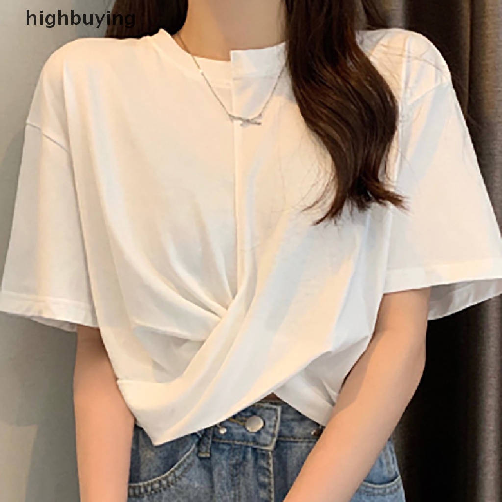 Áo Thun Lửng Ngắn Tay Cổ Tròn Vạt Chéo Thời Trang Nữ Tính