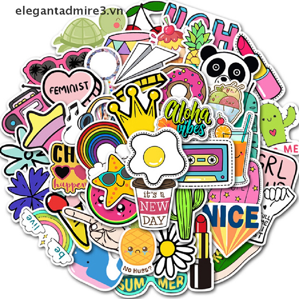Bộ 50 Miếng Dán Hoạt Hình Dễ Thương Trang Trí Laptop Vali Guitar Ván Trượt
