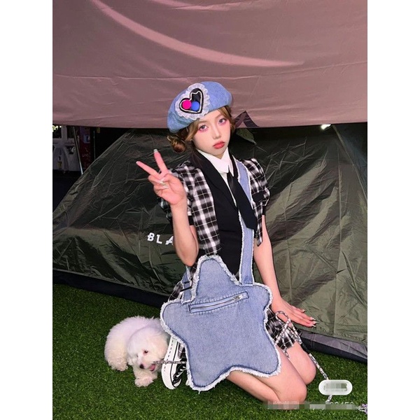 5yby Túi denim y2k Họa Tiết Ngôi Sao Dễ Thương Viền Thô Có Thể Điều Chỉnh Phong Cách ins