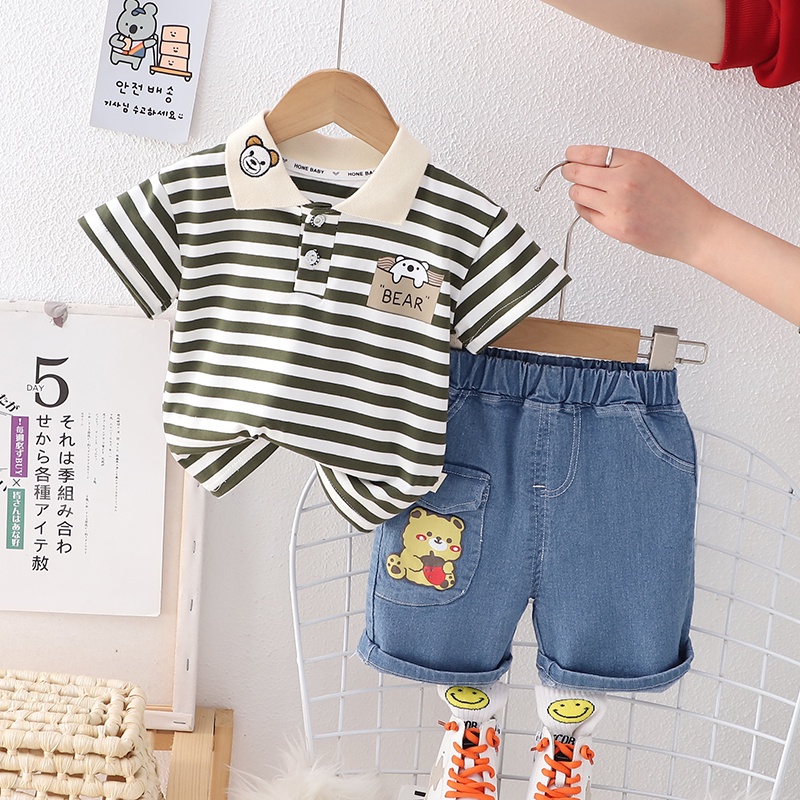 Set Đồ Mùa Hè 2 Món Gồm Áo Thun Cotton polo Kẻ Sọc Hoạt Hình Gấu + Quần Ngắn denim Thời Trang Cho Bé Sơ Sinh