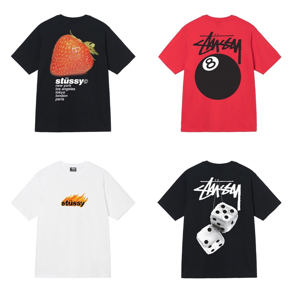 Stussy t-shirt 100% cotton strawberry dice 8 balls tay ngắn cho nam và nữ