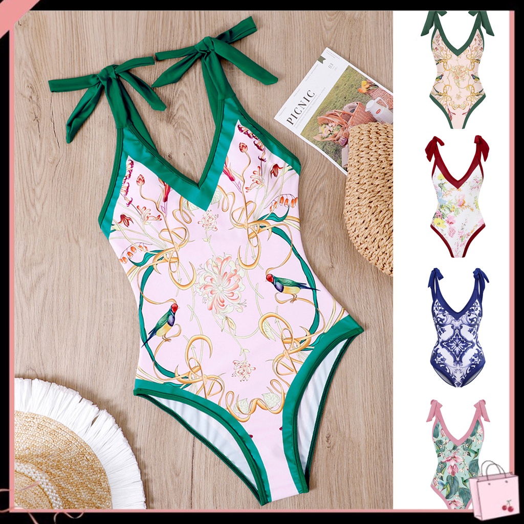 Váy Bơi Thể Thao Ôm Dáng Không Tay Cổ Chữ V Khoét Sâu Cột Dây In Họa Tiết Hoa Khô Thoáng Nhanh Cho Nữ