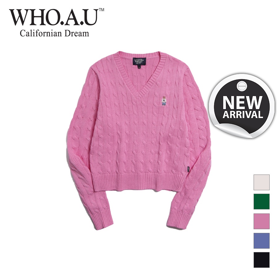 Áo sweater WHO.A.U WHKAD1114F áo len nữ tay dài thêu Steve Bear cổ chữ V 100% Cotton