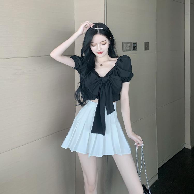 COZOK Áo Sơ Mi Tay Ngắn Cổ Vuông Thắt Nơ Eo Phong Cách Hàn Quốc Quyến Rũ Dành Cho Nữ