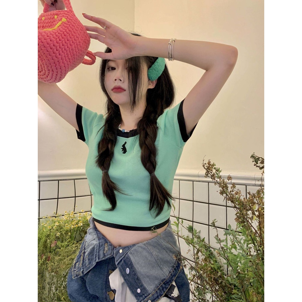 Lalisas Áo Croptop Dệt Kim Tay Ngắn Cổ Tròn Thời Trang Hàn Quốc vintage Quyến Rũ Cho Nữ