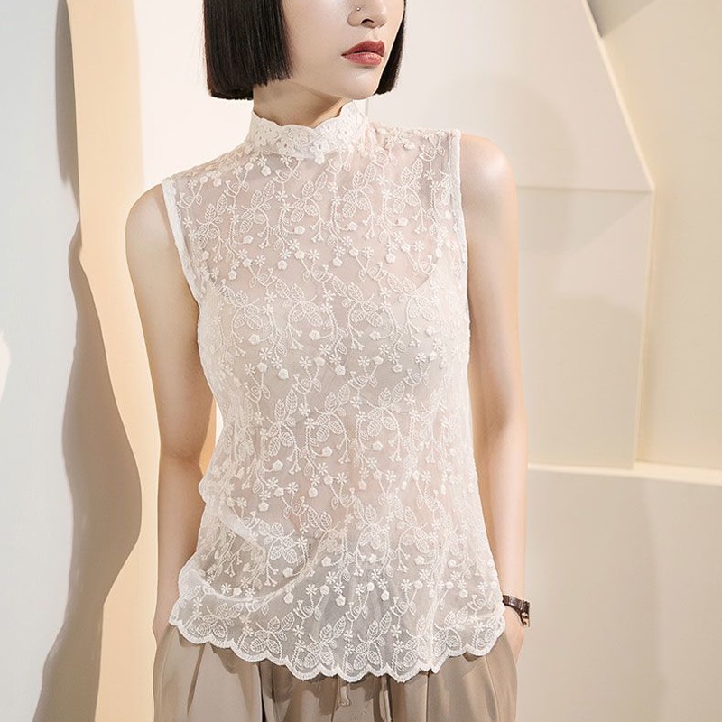 Áo Kiểu Mỏng Không Tay Cổ Đứng Phối Ren Thêu Họa Tiết Phong Cách Phương Tây Thời Trang Mùa Hè Cho Nữ