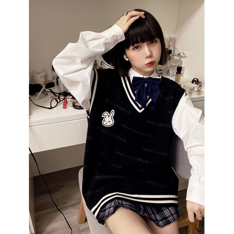Hakkv Áo Sweater Jacquard Thêu Hình Thỏ Phong Cách Preppy Dáng Rộng Xếp Chồng Lên Nhau Phong Cách Xuân Thu jk Dành Cho Bạn Nữ Trường Học