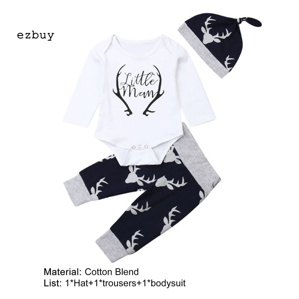 Bộ 3 Món Áo Liền Quần Tay Dài In Chữ Hoạt Hình + Mũ Trùm Tiện Dụng Cho Bé Sơ Sinh