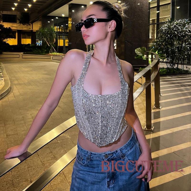 Áo Croptop Hai Dây Đính Kim Sa Lấp Lánh Thời Trang Mùa Hè Cho Nữ