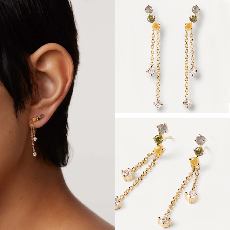 Pdlaola SENA Bông Tai Chuỗi Dài Đính Đá LABRADORITE