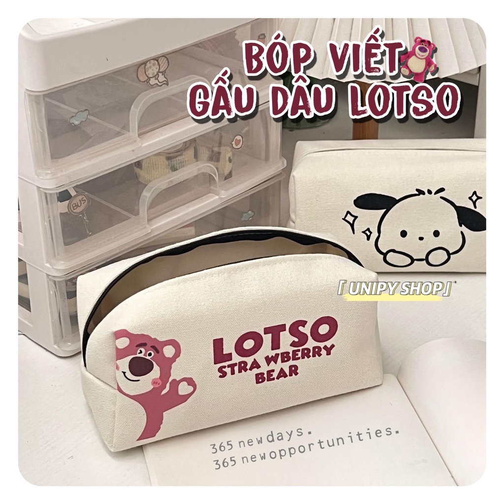 Bóp Viết Gấu Dâu LOTSO Vải Canvas HÀN QUỐC Đáng Yêu | Túi Đựng Mỹ Phẩm Đựng Bút | Cỡ Lớn